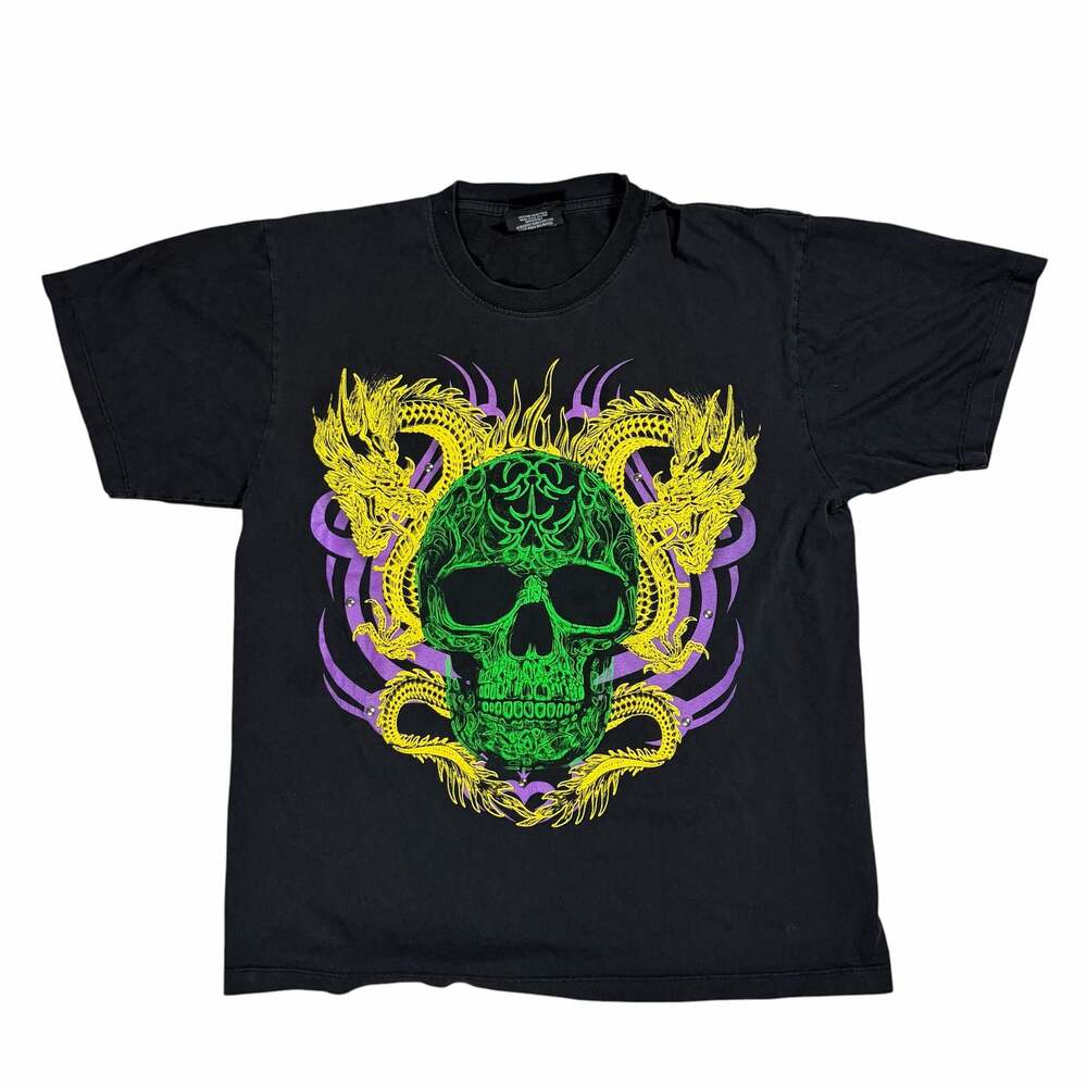 Mens Y2K Rock Chang Skull and Dragon 3D Graphic T-Shirt Large